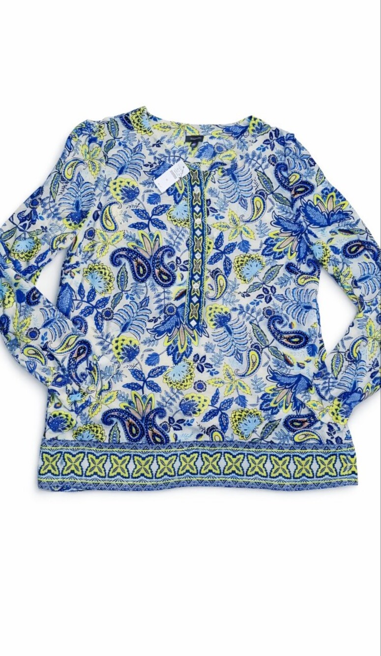 Talbots Paisley Floral Viscose Long Sleeve Blouse Tunic Blue White Size M